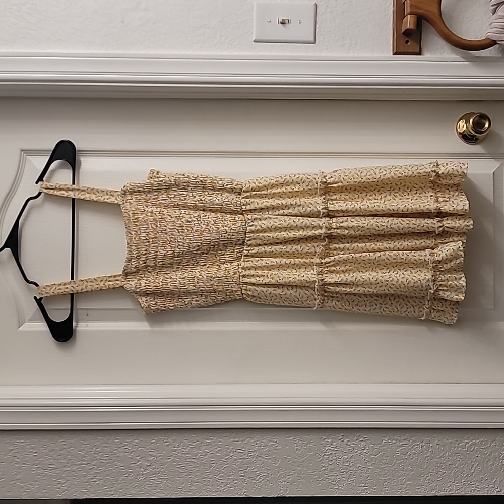 Yellow and white sleeveless midi dress, two layers, size small, ruffle design